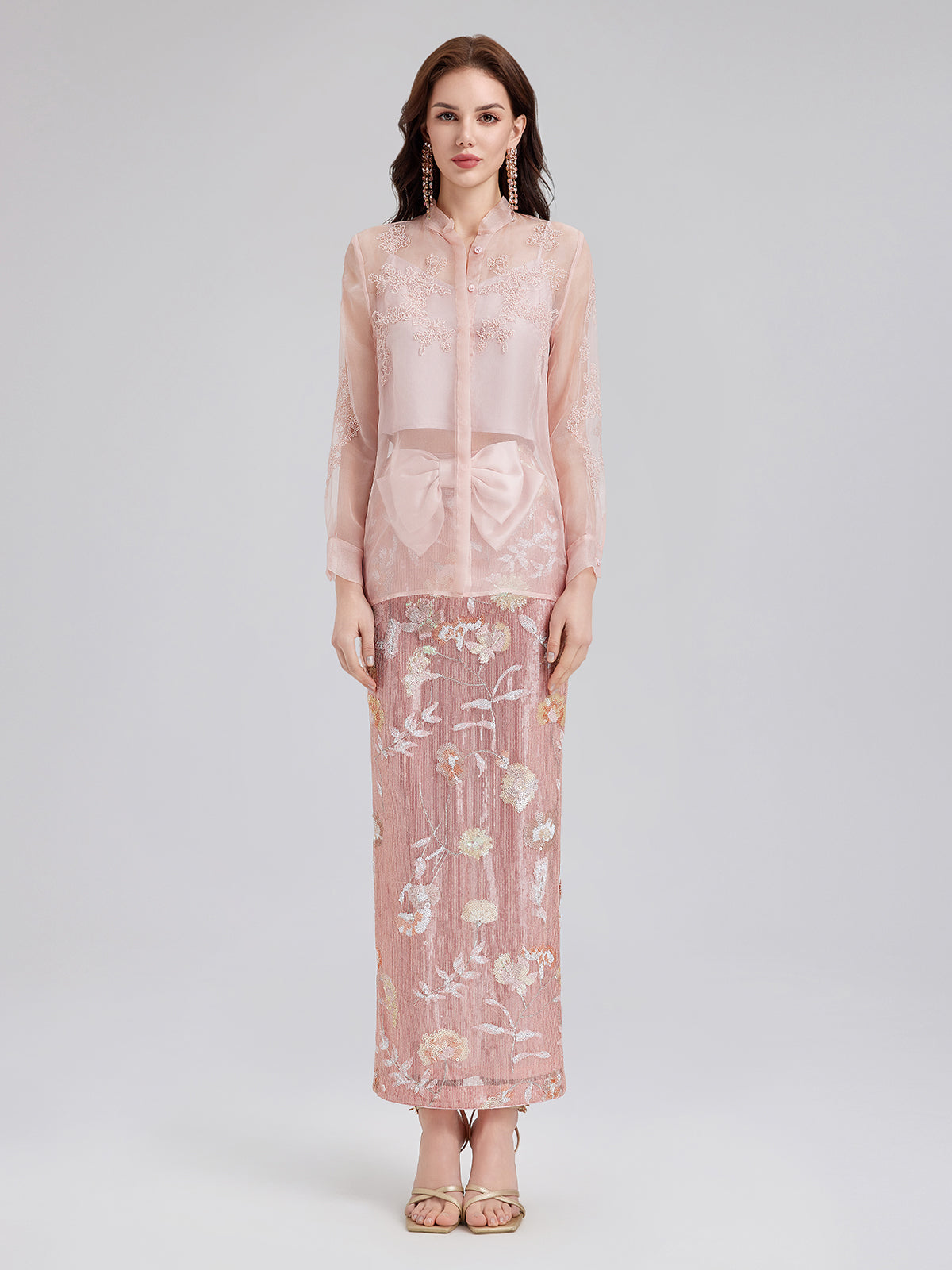 Çiçekli Pullu Fiyonklu Yırtmaçlı Etek