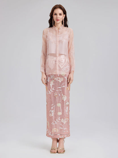 Çiçekli Pullu Fiyonklu Yırtmaçlı Etek