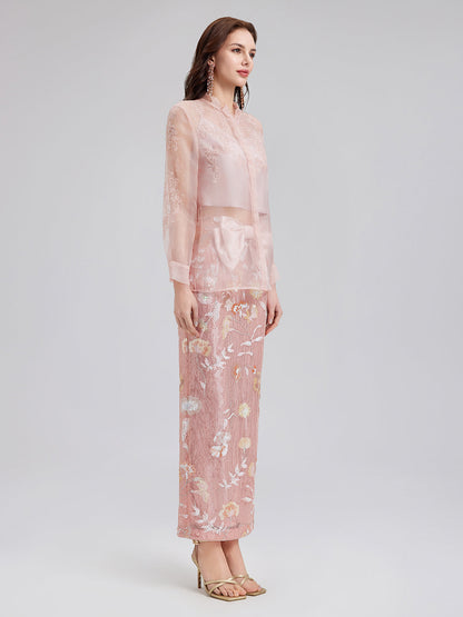 İpek Boncuklu Nakışlı Hakim Yaka Bluz