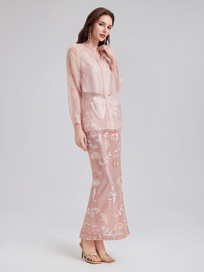 İpek Boncuklu Nakışlı Hakim Yaka Bluz