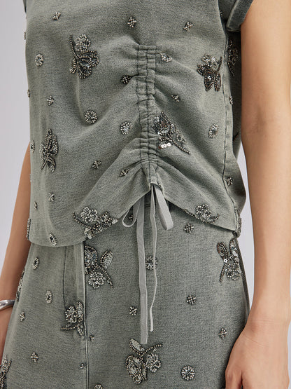 Parça Boyama Boncuklu Kapüşonlu Üst