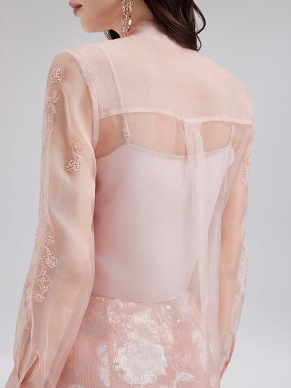 İpek Boncuklu Nakışlı Hakim Yaka Bluz