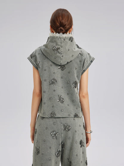 Parça Boyama Boncuklu Kapüşonlu Üst