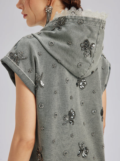 Parça Boyama Boncuklu Kapüşonlu Üst