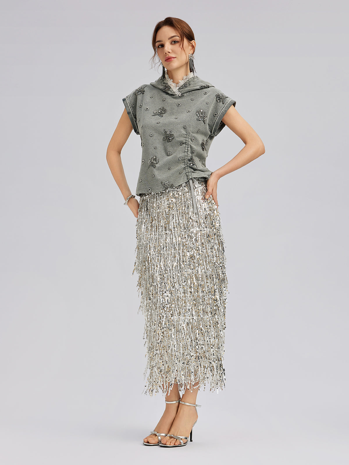 Parça Boyama Boncuklu Kapüşonlu Üst