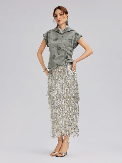 Parça Boyama Boncuklu Kapüşonlu Üst