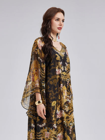 Barok Desenli İpek Elbise