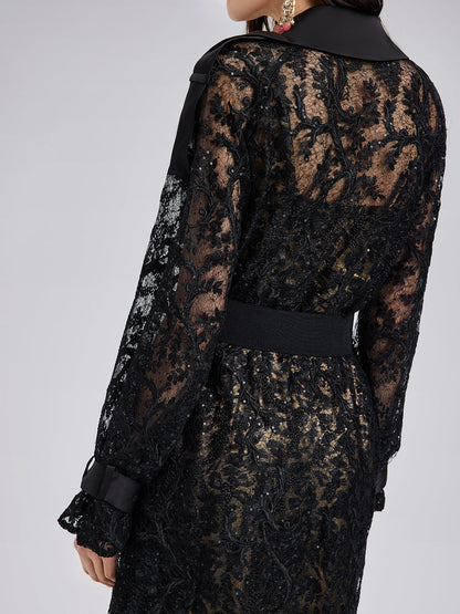 Fransız Dantelli Uzun Trençkot