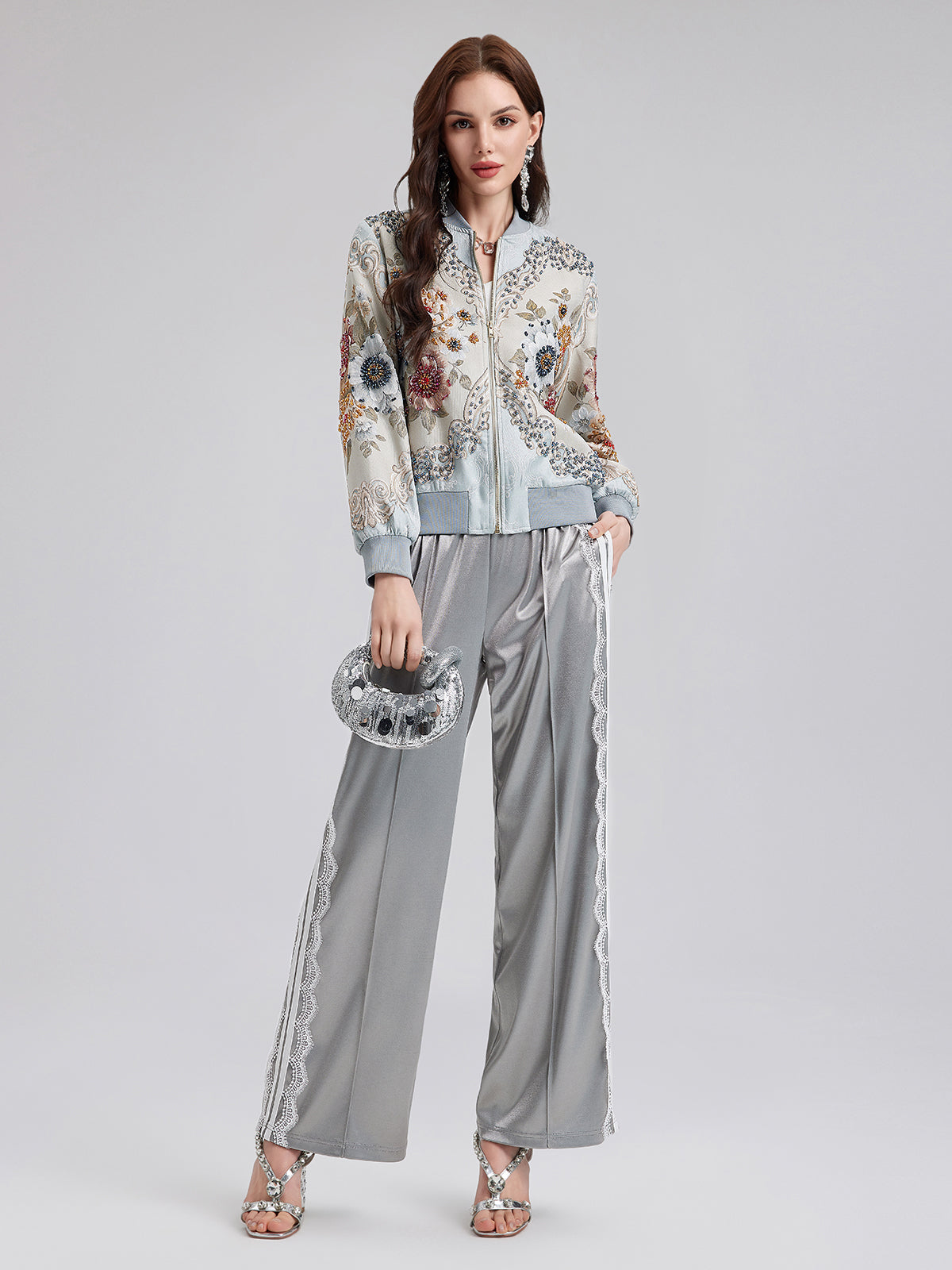 El İşlemeli Boncuklu Çiçekli Bomber Ceket