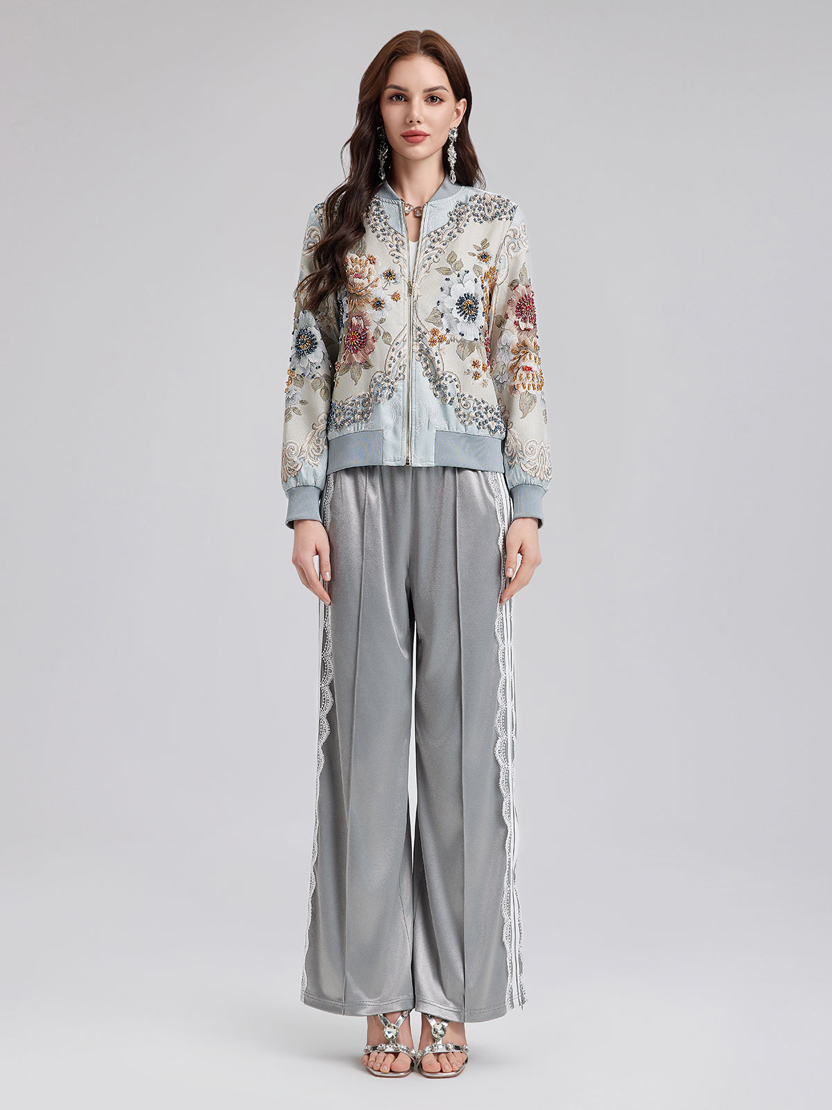 Gümüş Dantel Kenarlı Bol Paça Pantolon