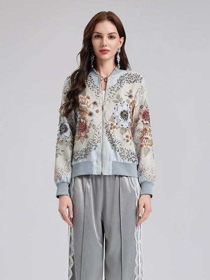 El İşlemeli Boncuklu Çiçekli Bomber Ceket