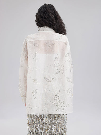 Modern Etnik Nakışlı Hakim Yaka Bluz