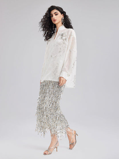 Modern Etnik Nakışlı Hakim Yaka Bluz