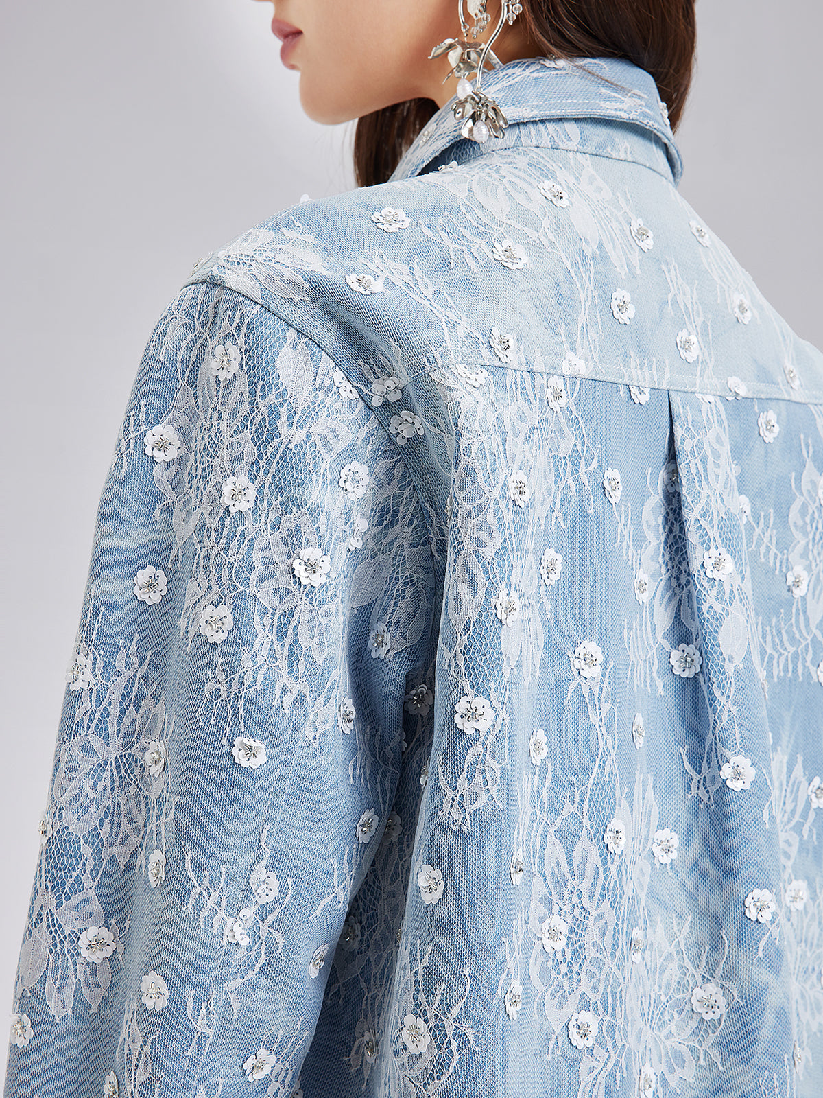 Boncuklu Dantelli Kot Ceket