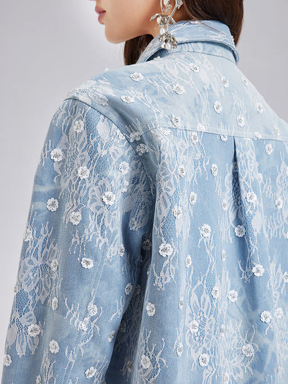 Boncuklu Dantelli Kot Ceket