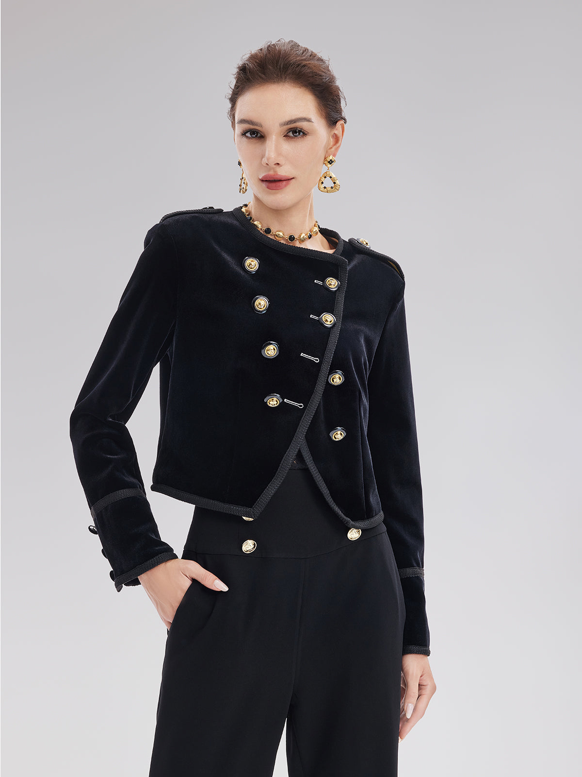 Retro Kadife Kruvaze Asimetrik Kısa Ceket