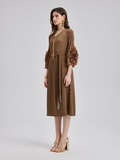 Dokulu V Yaka Kemerli Uzun Elbise