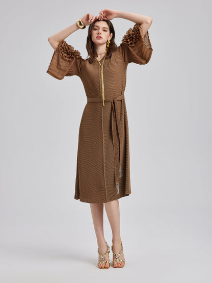 Dokulu V Yaka Kemerli Uzun Elbise