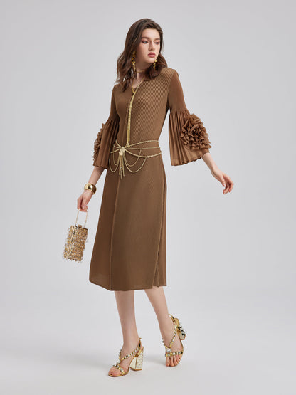 Dokulu V Yaka Kemerli Uzun Elbise