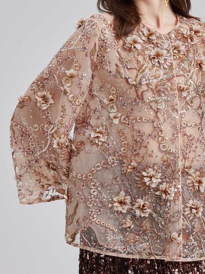 Lüks Nakışlı Çiçekli Organze Ceket