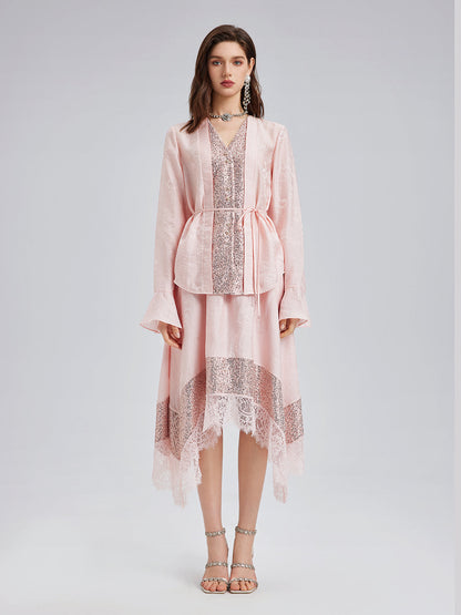 Pullu Kenarlı Jakar V Yaka Bluz