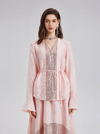 Pullu Kenarlı Jakar V Yaka Bluz