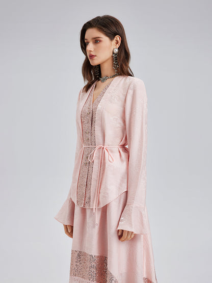 Pullu Kenarlı Jakar V Yaka Bluz