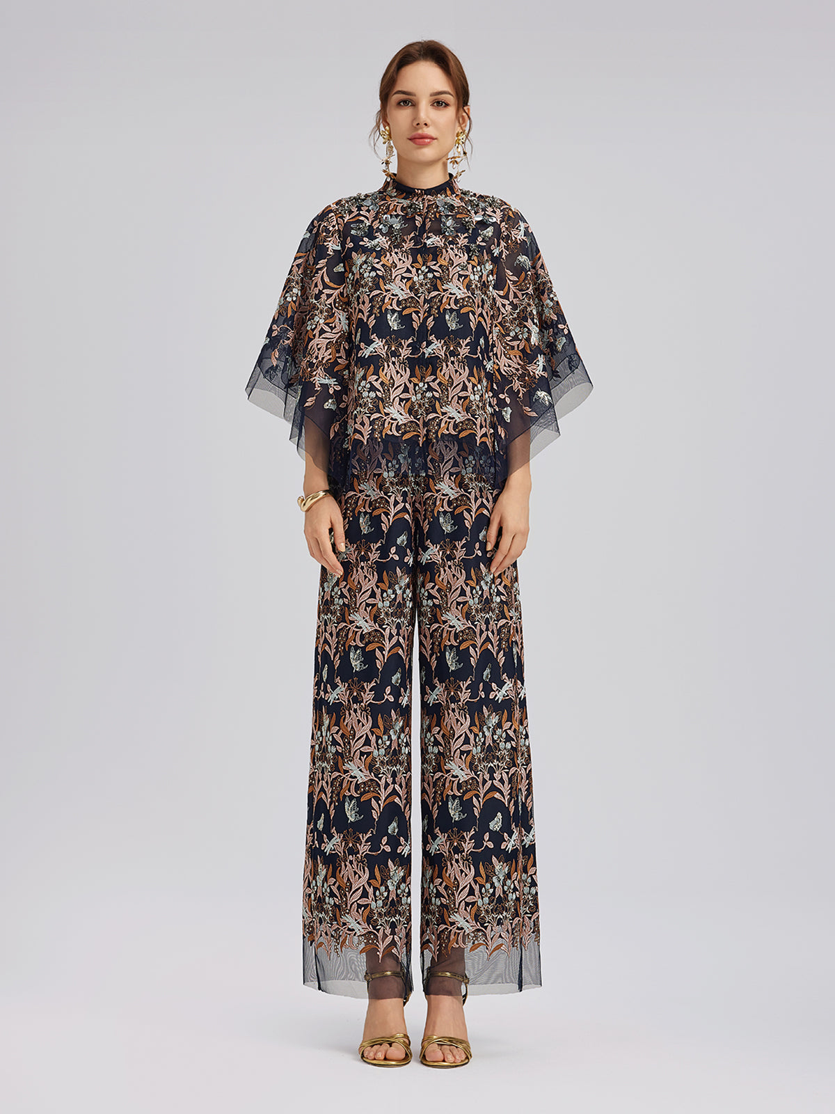 Çok Renkli Çiçek Nakışlı Boncuklu Bluz