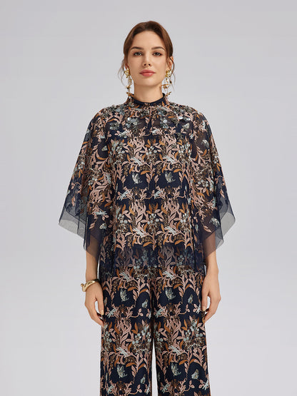 Çok Renkli Çiçek Nakışlı Boncuklu Bluz