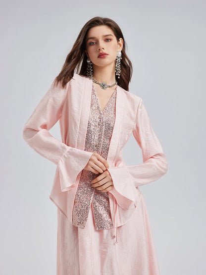 Pullu Kenarlı Jakar V Yaka Bluz