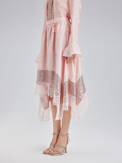 Gösterişli Pullu Dantel Parçalı Etek