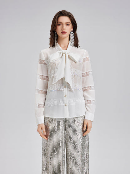 El İşlemeli Boncuklu Dantel Parçalı Gömlek