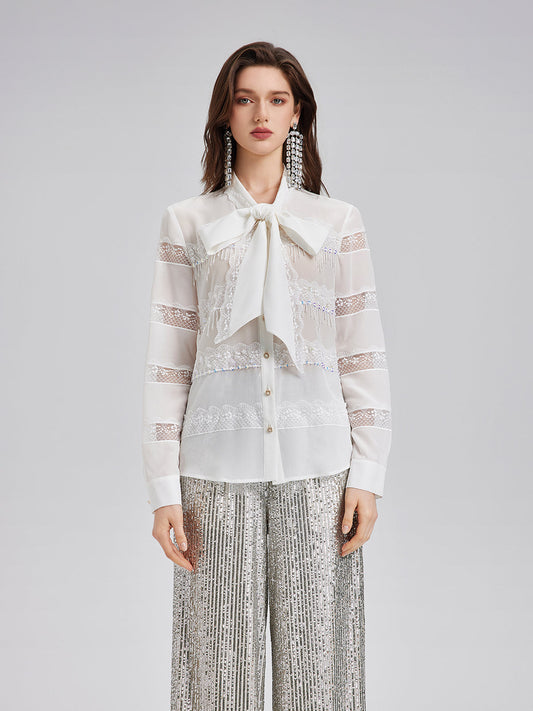 El İşlemeli Boncuklu Dantel Parçalı Gömlek