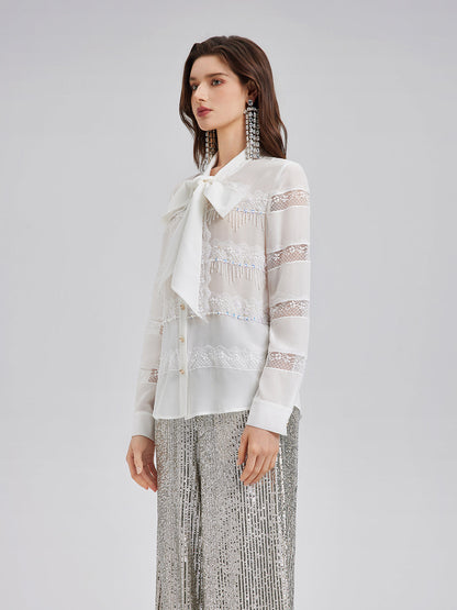 El İşlemeli Boncuklu Dantel Parçalı Gömlek