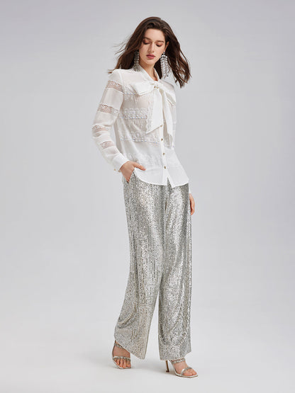 El İşlemeli Boncuklu Dantel Parçalı Gömlek