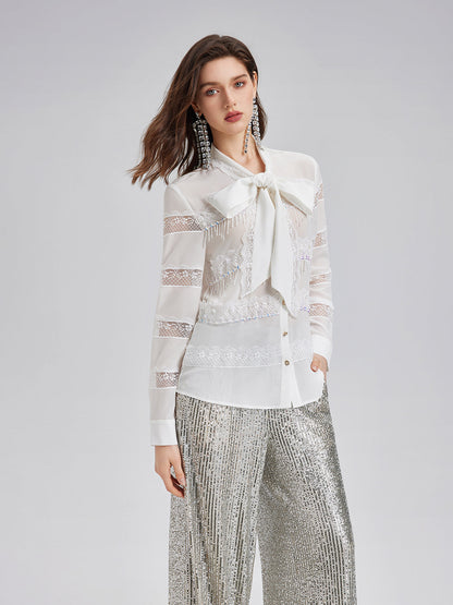 El İşlemeli Boncuklu Dantel Parçalı Gömlek