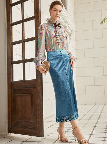 Kadife Dantel Kenarlı Yırtmaçlı Balık Etek