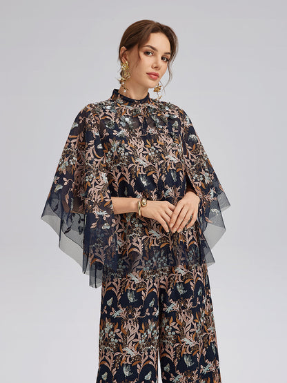 Çok Renkli Çiçek Nakışlı Boncuklu Bluz