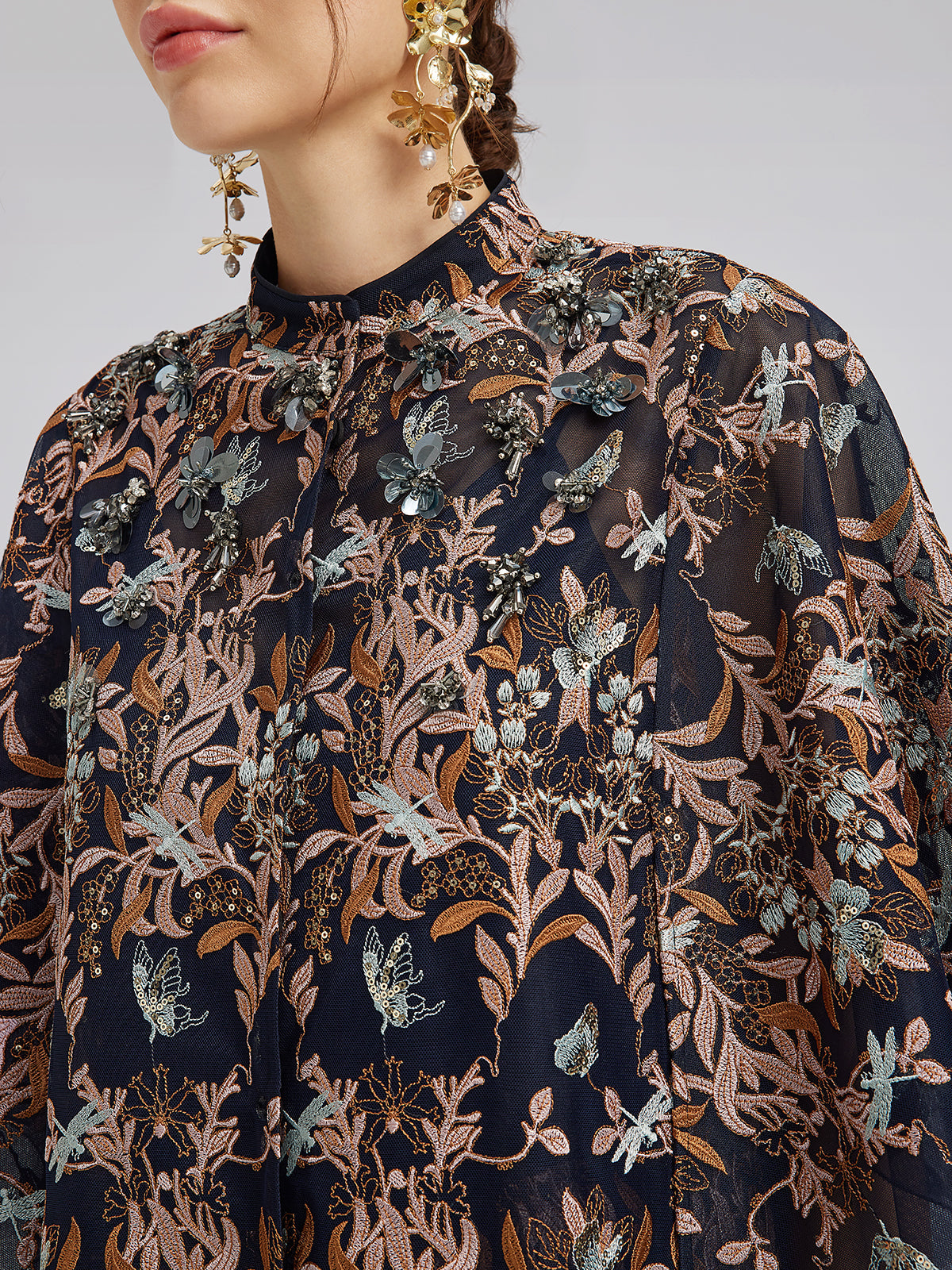 Çok Renkli Çiçek Nakışlı Boncuklu Bluz