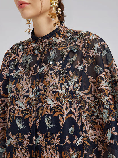 Çok Renkli Çiçek Nakışlı Boncuklu Bluz