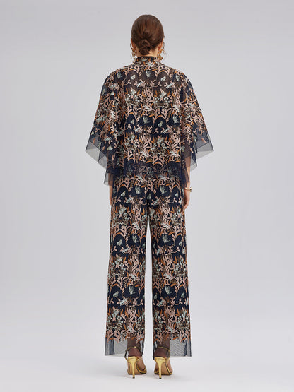 Çok Renkli Çiçek Nakışlı Pantolon