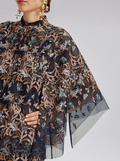 Çok Renkli Çiçek Nakışlı Boncuklu Bluz