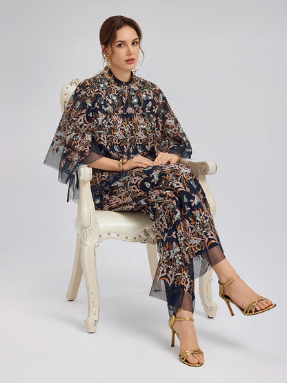 Çok Renkli Çiçek Nakışlı Boncuklu Bluz