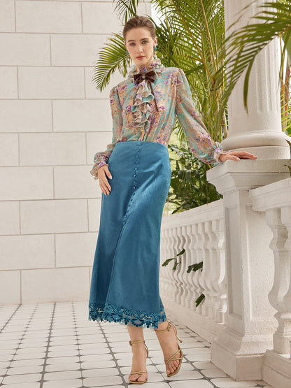 Kadife Dantel Kenarlı Yırtmaçlı Balık Etek