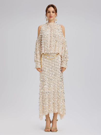 3 Boyutlu Pullu Omzu Açık Bluz