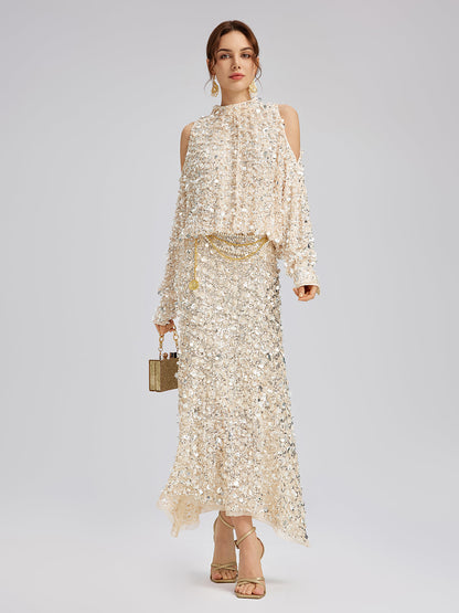 3 Boyutlu Pullu Omzu Açık Bluz