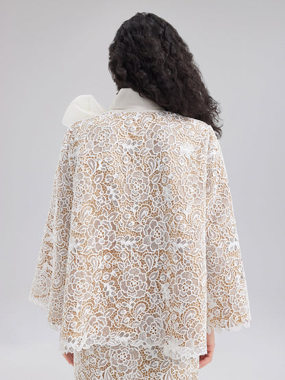 Şık Dantel Dokulu Boyun Bağlamalı Kaban