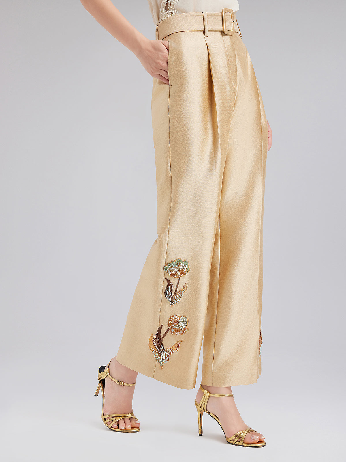 Lüks Çiçekli Pullu Düz Pantolon