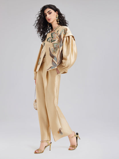 Lüks Çiçekli Pullu Düz Pantolon