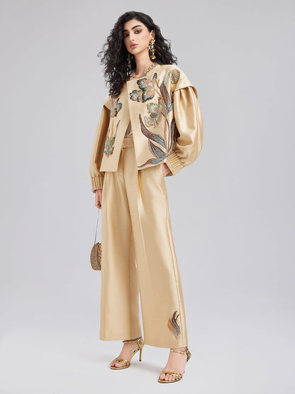 Lüks Çiçekli Pullu Düz Pantolon